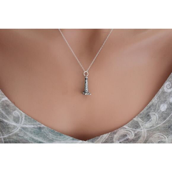 Sterling Silver Oxidized Lighthouse Charm Necklace - Picture 2 of 7